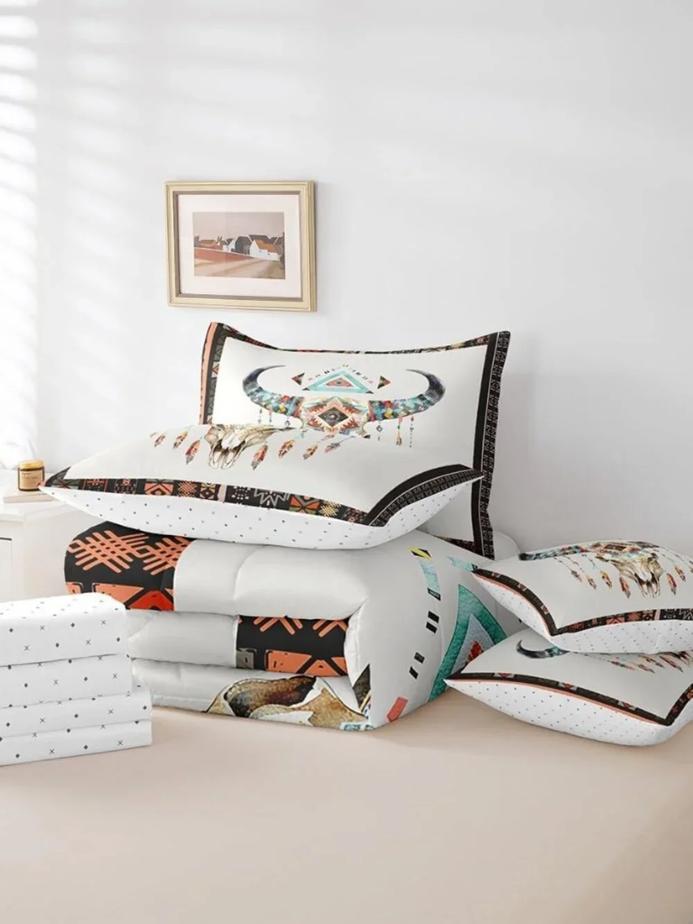 Boho Cow Skull Kids Comforter Set 7 Piece Queen Size,Watercolor Tribal Geometric